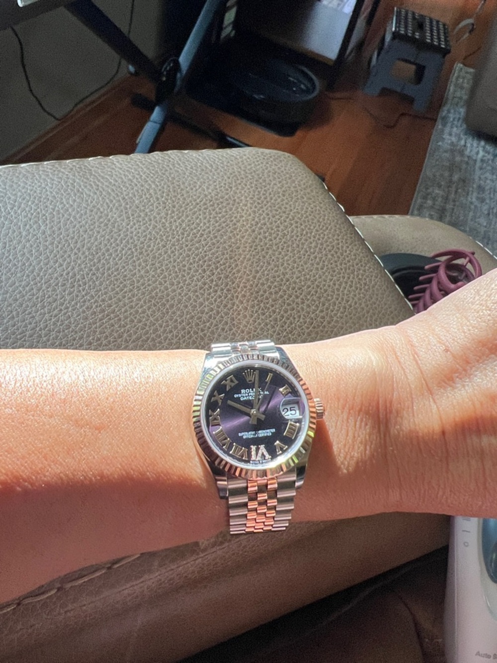 Rolex Two-Tone Watch with Black-Purple Dial and Rose Gold Accents. Box and paper